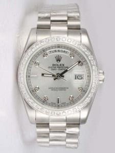 Rolex Day Date Silver Dial With CZ Diamond And B